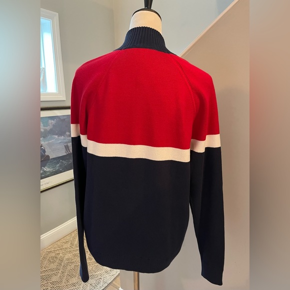 EXPRESS Cardigan Mock Turtle Neck Sweater Full Zipper Bold Red White Navy - Picture 8 of 12